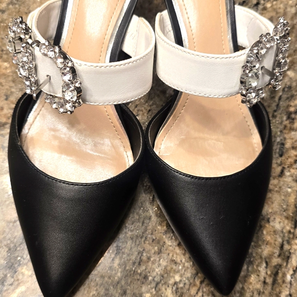 WHBM Elegant Black and White Women's Shoes with Rhinestone Buckle